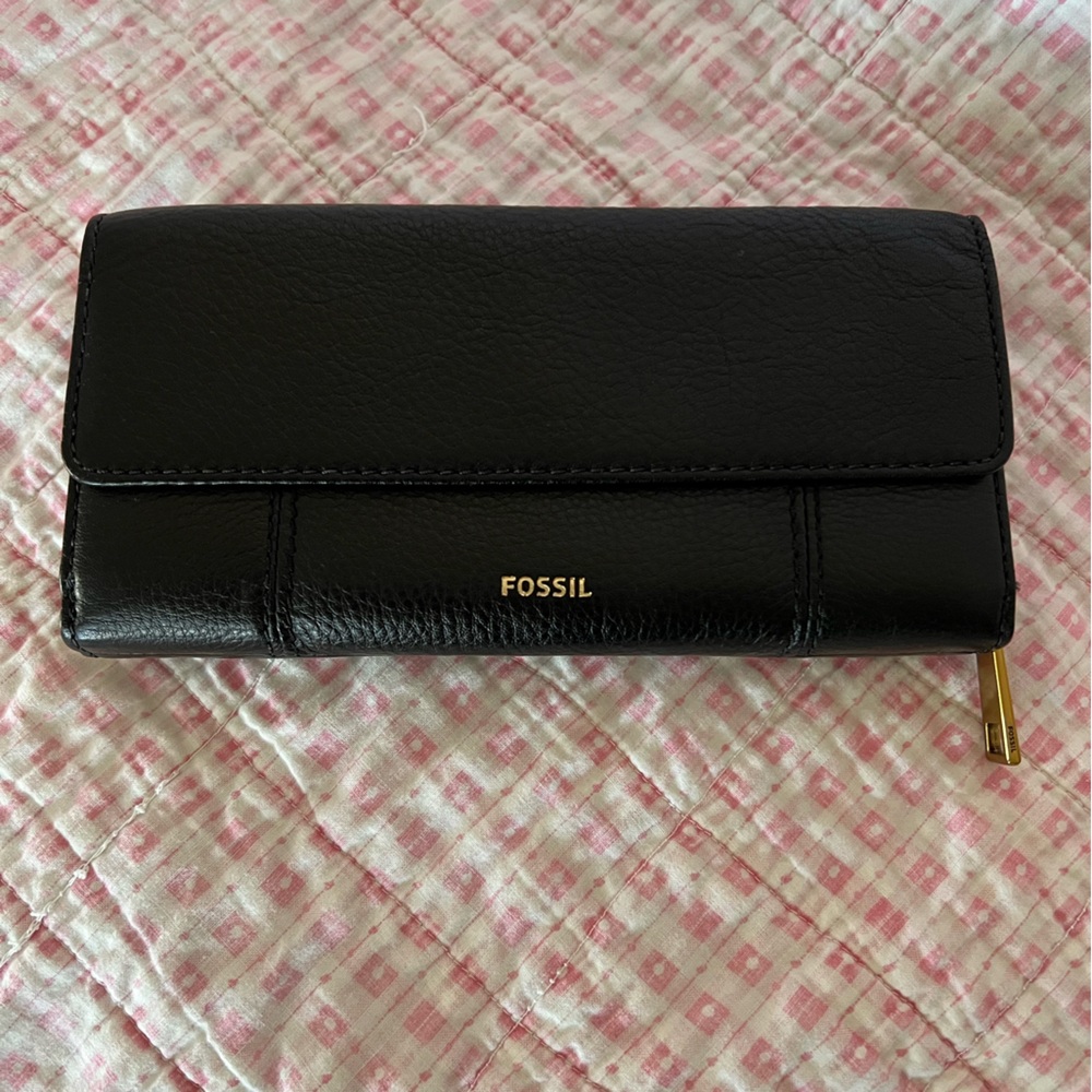 Fossil Black Leather Wallet with Gold Accents